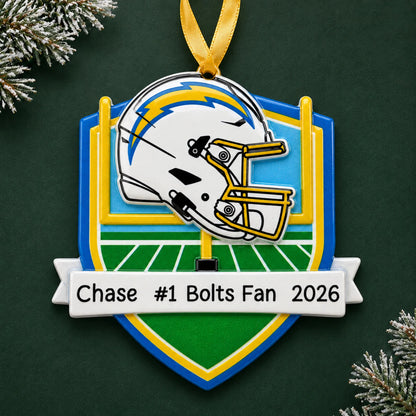 Personalized Los Angeles Chargers NFL christmas ornament on a dark green pine background