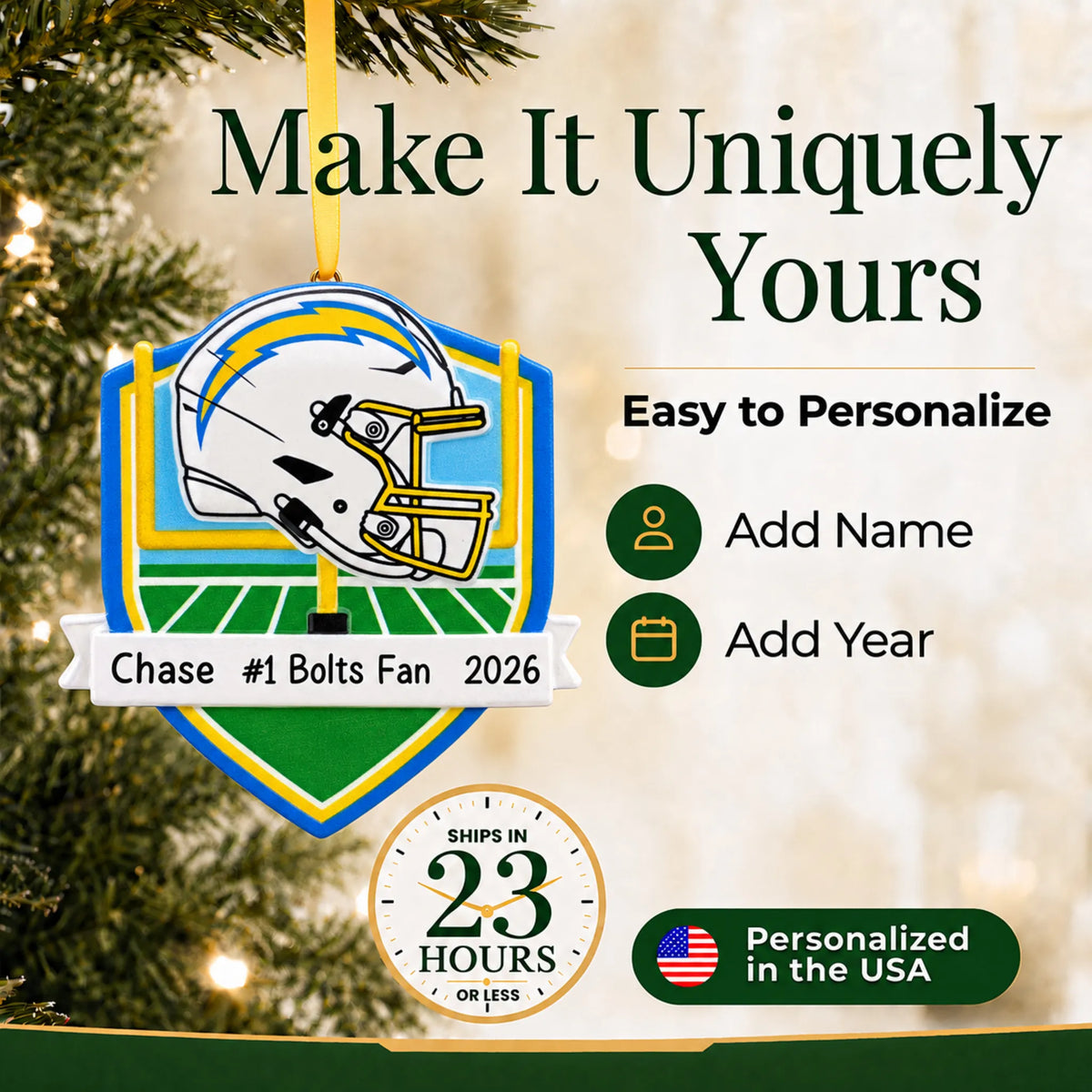 Make it yours: add name and year to the personalized Los Angeles Chargers NFL christmas ornament