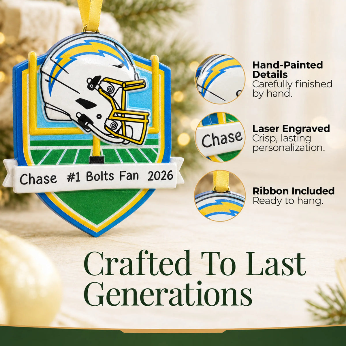 Hand-painted details and laser engraved personalization on the Los Angeles Chargers NFL christmas ornament, ribbon included