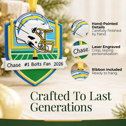 Hand-painted details and laser engraved personalization on the Los Angeles Chargers NFL christmas ornament, ribbon included