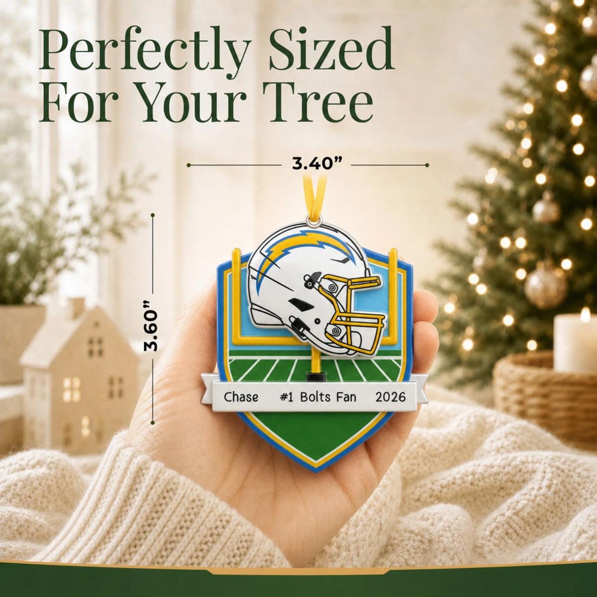 Size guide: the personalized Los Angeles Chargers NFL christmas ornament is 3.40 in wide by 3.60 in tall, shown in hand