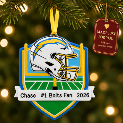 Los Angeles Chargers NFL christmas ornament hanging on a lit Christmas tree with a Made Just For You gift tag