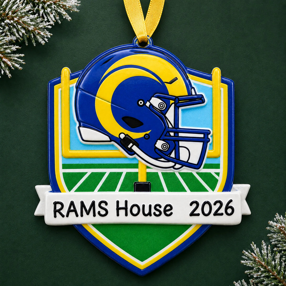 Personalized Los Angeles Rams NFL christmas ornament on a dark green pine background