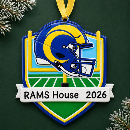 Personalized Los Angeles Rams NFL christmas ornament on a dark green pine background