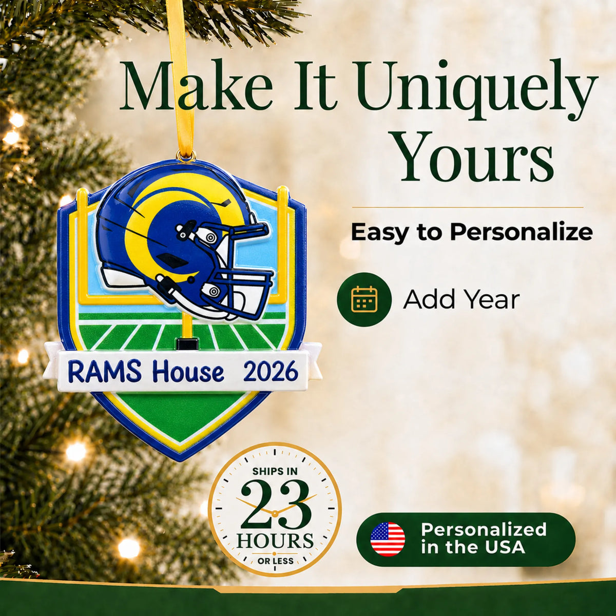 Make it yours: add year to the personalized Los Angeles Rams NFL christmas ornament