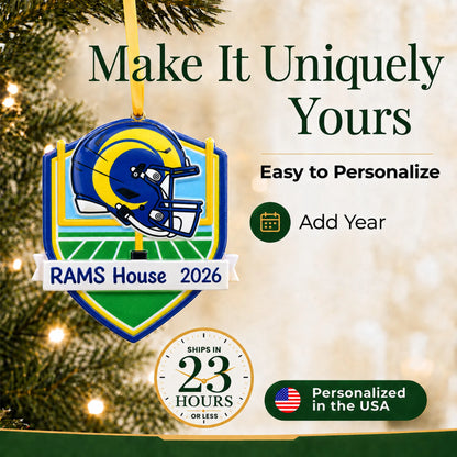 Make it yours: add year to the personalized Los Angeles Rams NFL christmas ornament