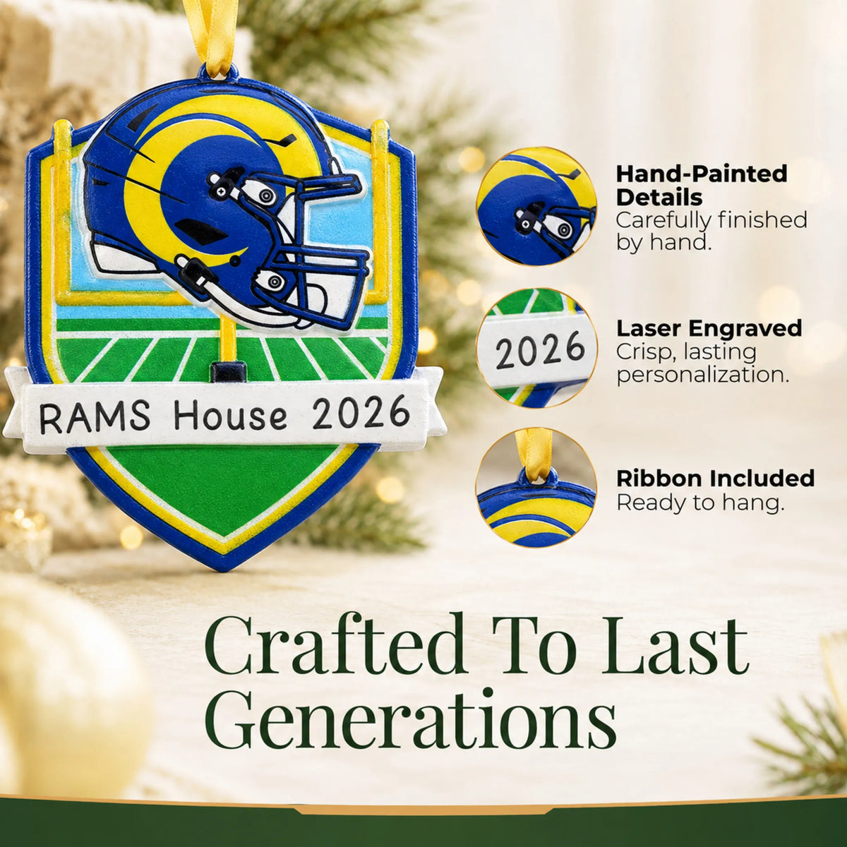 Hand-painted details and laser engraved personalization on the Los Angeles Rams NFL christmas ornament, ribbon included