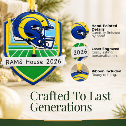 Hand-painted details and laser engraved personalization on the Los Angeles Rams NFL christmas ornament, ribbon included