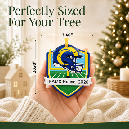 Size guide: the personalized Los Angeles Rams NFL christmas ornament is 3.40 in wide by 3.60 in tall, shown in hand