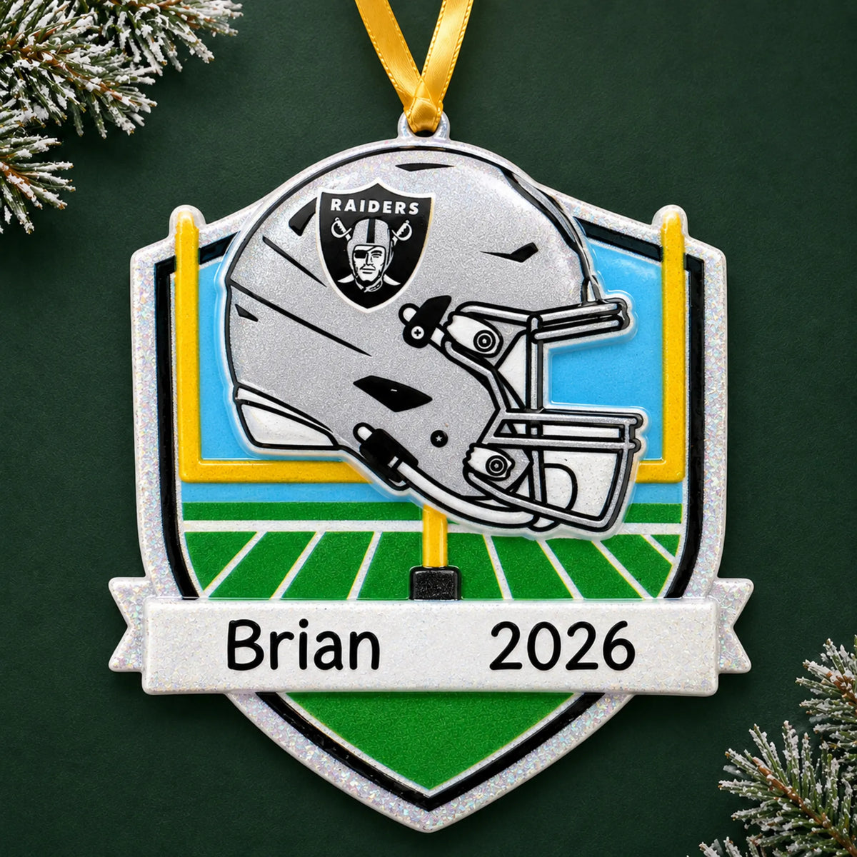 Personalized Las Vegas Raiders NFL christmas ornament on a dark green pine background