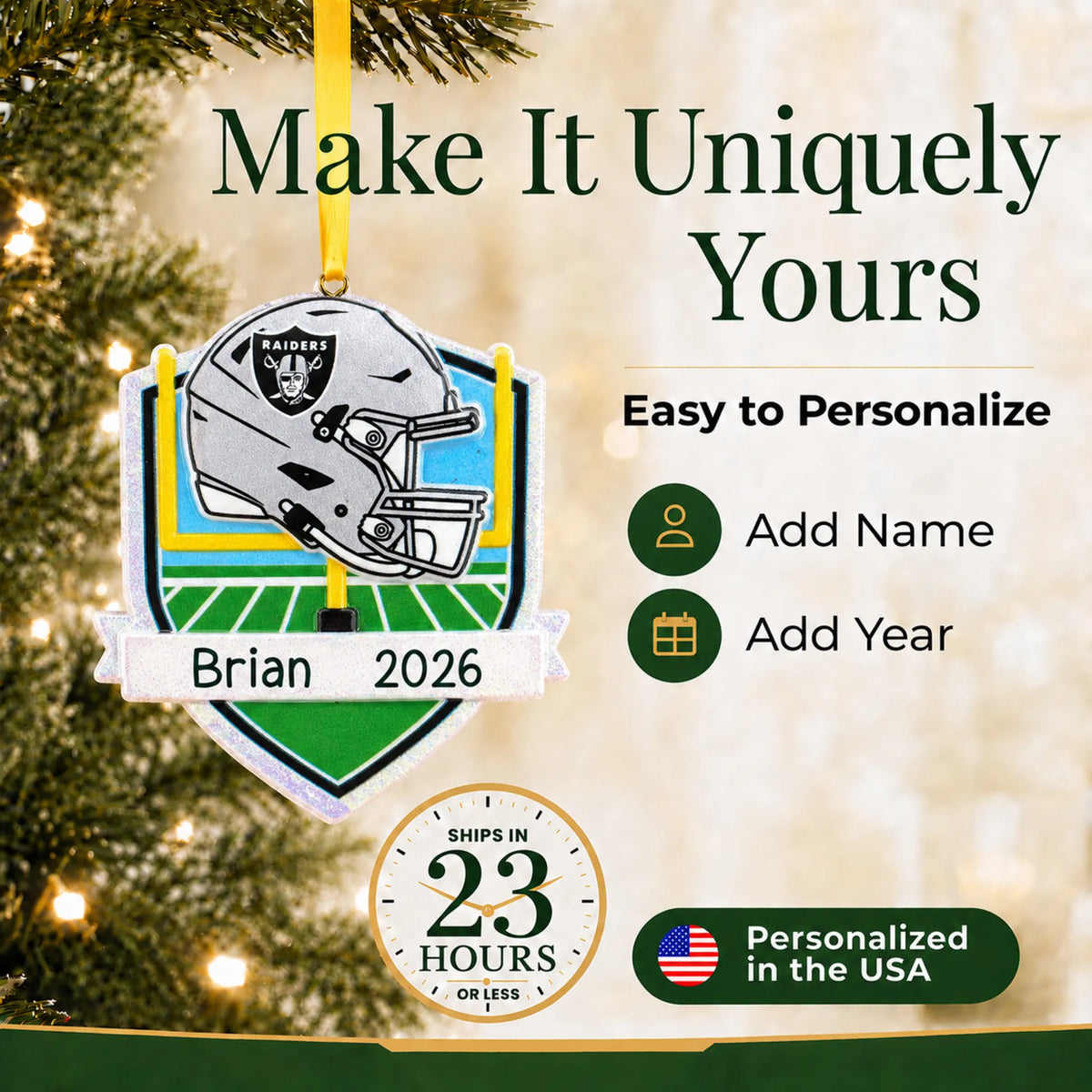 Make it yours: add name and year to the personalized Las Vegas Raiders NFL christmas ornament