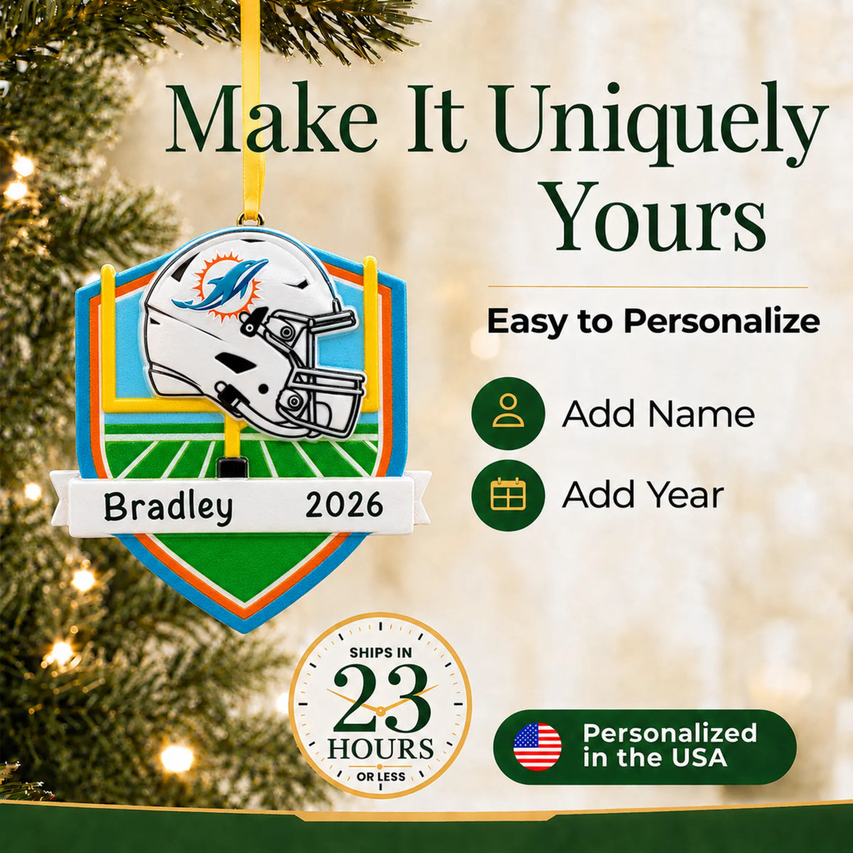 Make it yours: add name and year to the personalized Miami Dolphins NFL christmas ornament
