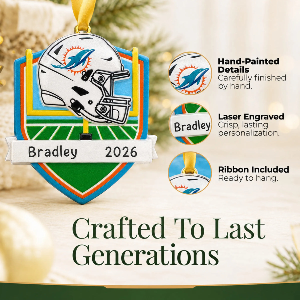 Hand-painted details and laser engraved personalization on the Miami Dolphins NFL christmas ornament, ribbon included