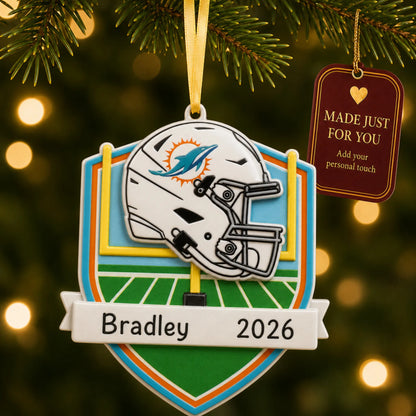 Miami Dolphins NFL christmas ornament hanging on a lit Christmas tree with a Made Just For You gift tag