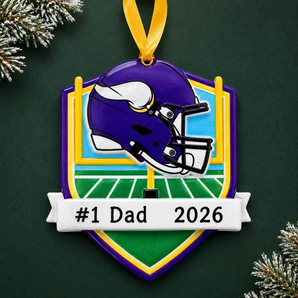 Personalized Minnesota Vikings NFL christmas ornament on a dark green pine background