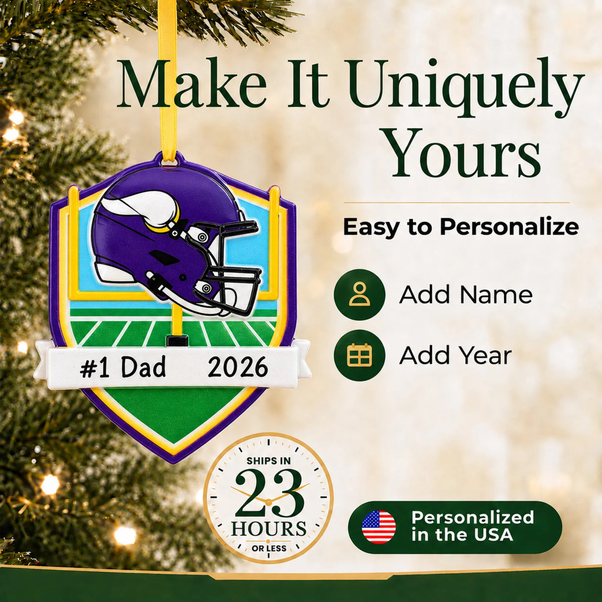 Make it yours: add name and year to the personalized Minnesota Vikings NFL christmas ornament