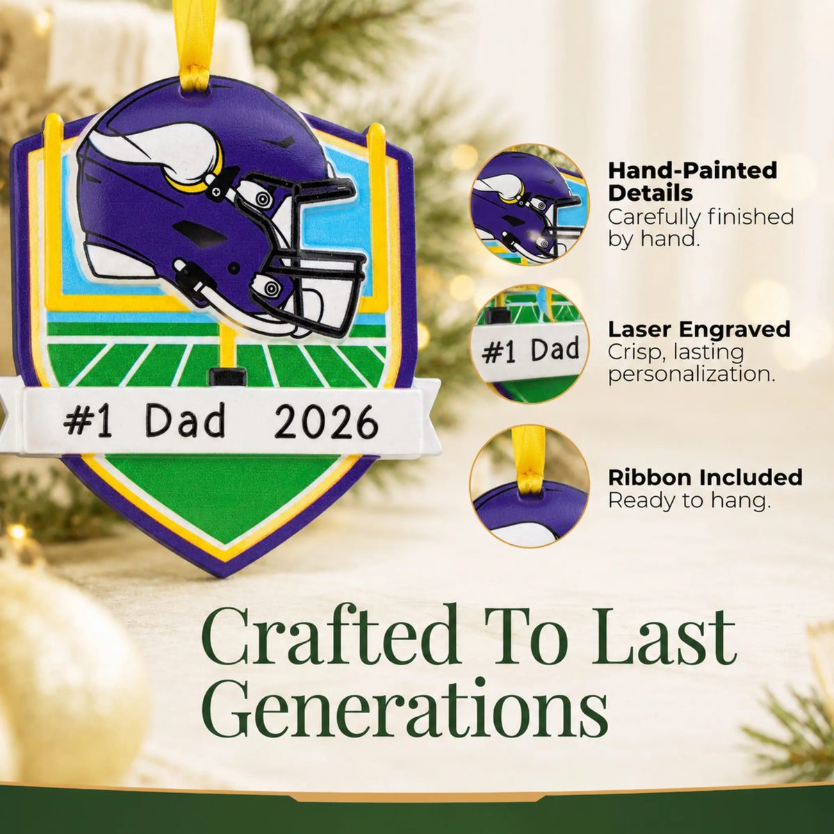 Hand-painted details and laser engraved personalization on the Minnesota Vikings NFL christmas ornament, ribbon included