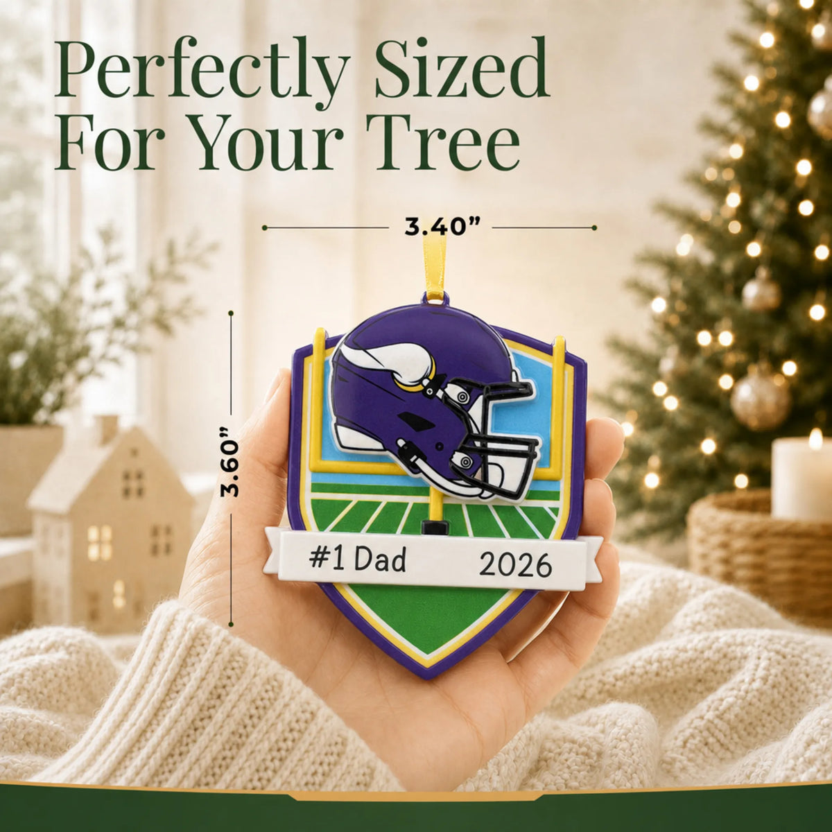 Size guide: the personalized Minnesota Vikings NFL christmas ornament is 3.40 in wide by 3.60 in tall, shown in hand