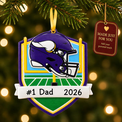 Minnesota Vikings NFL christmas ornament hanging on a lit Christmas tree with a Made Just For You gift tag