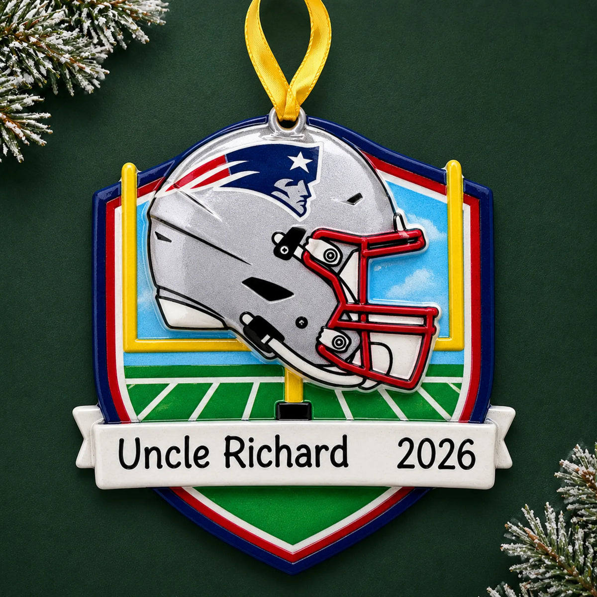 Personalized New England Patriots NFL christmas ornament on a dark green pine background