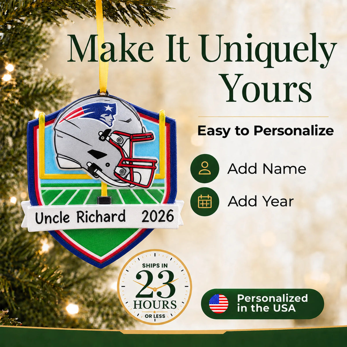 Make it yours: add name and year to the personalized New England Patriots NFL christmas ornament
