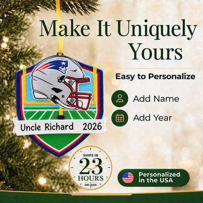 Make it yours: add name and year to the personalized New England Patriots NFL christmas ornament