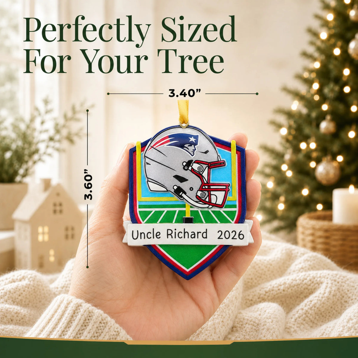 Size guide: the personalized New England Patriots NFL christmas ornament is 3.40 in wide by 3.60 in tall, shown in hand