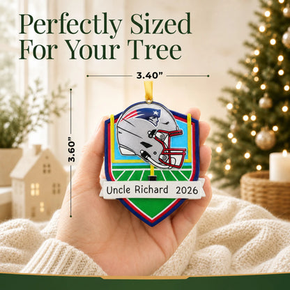 Size guide: the personalized New England Patriots NFL christmas ornament is 3.40 in wide by 3.60 in tall, shown in hand
