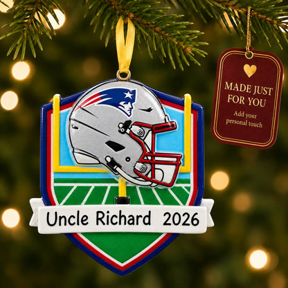 New England Patriots NFL christmas ornament hanging on a lit Christmas tree with a Made Just For You gift tag