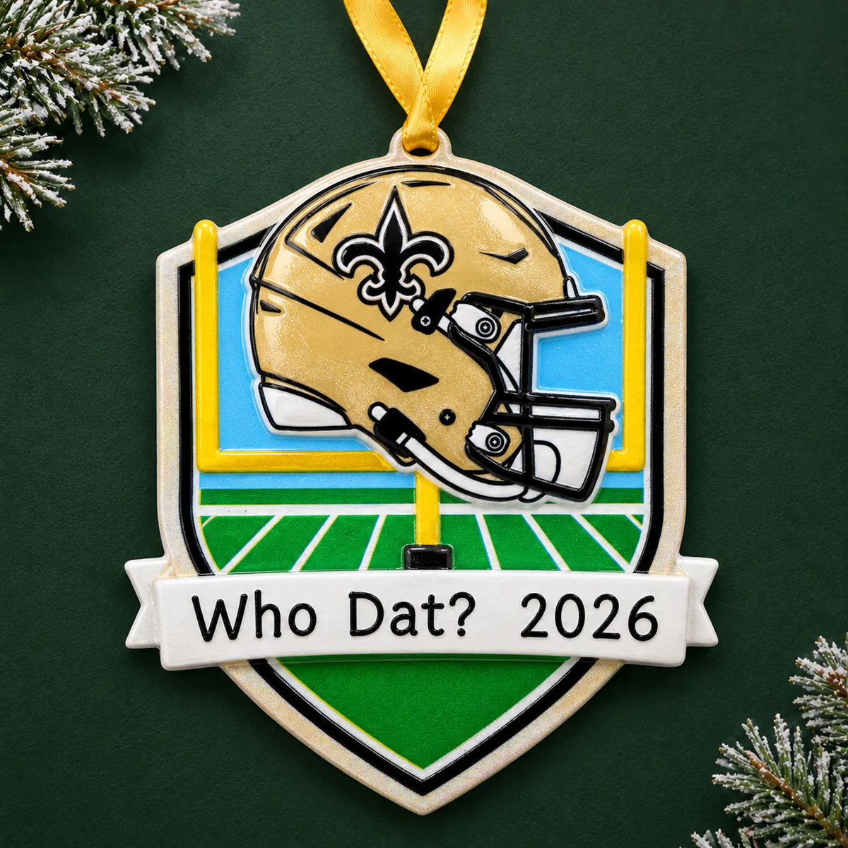 Personalized New Orleans Saints NFL christmas ornament on a dark green pine background