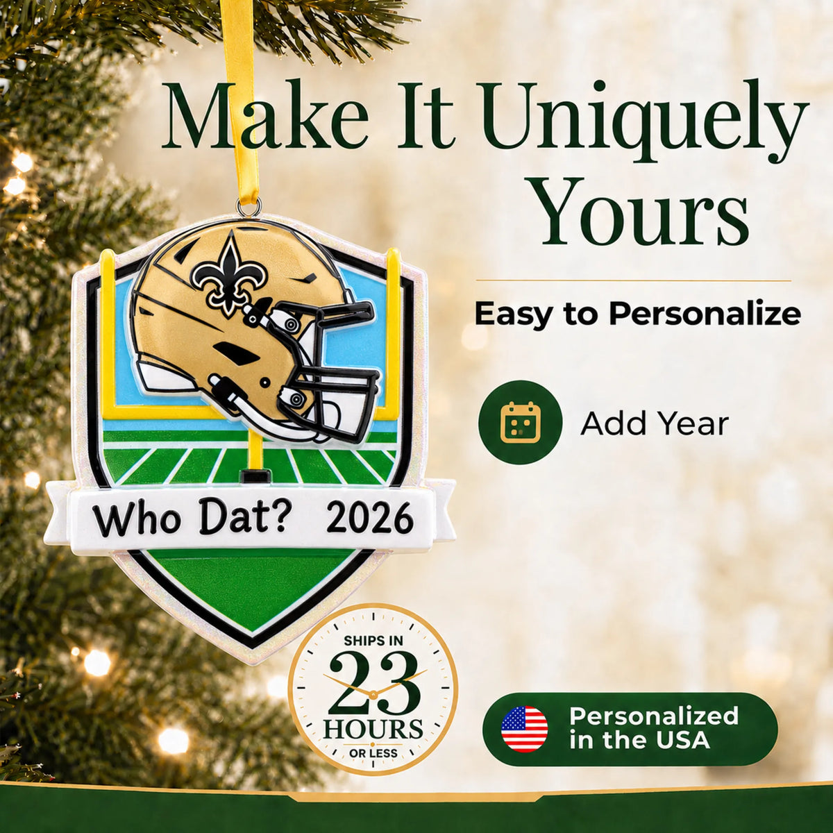 Make it yours: add year to the personalized New Orleans Saints NFL christmas ornament