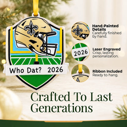 Hand-painted details and laser engraved personalization on the New Orleans Saints NFL christmas ornament, ribbon included