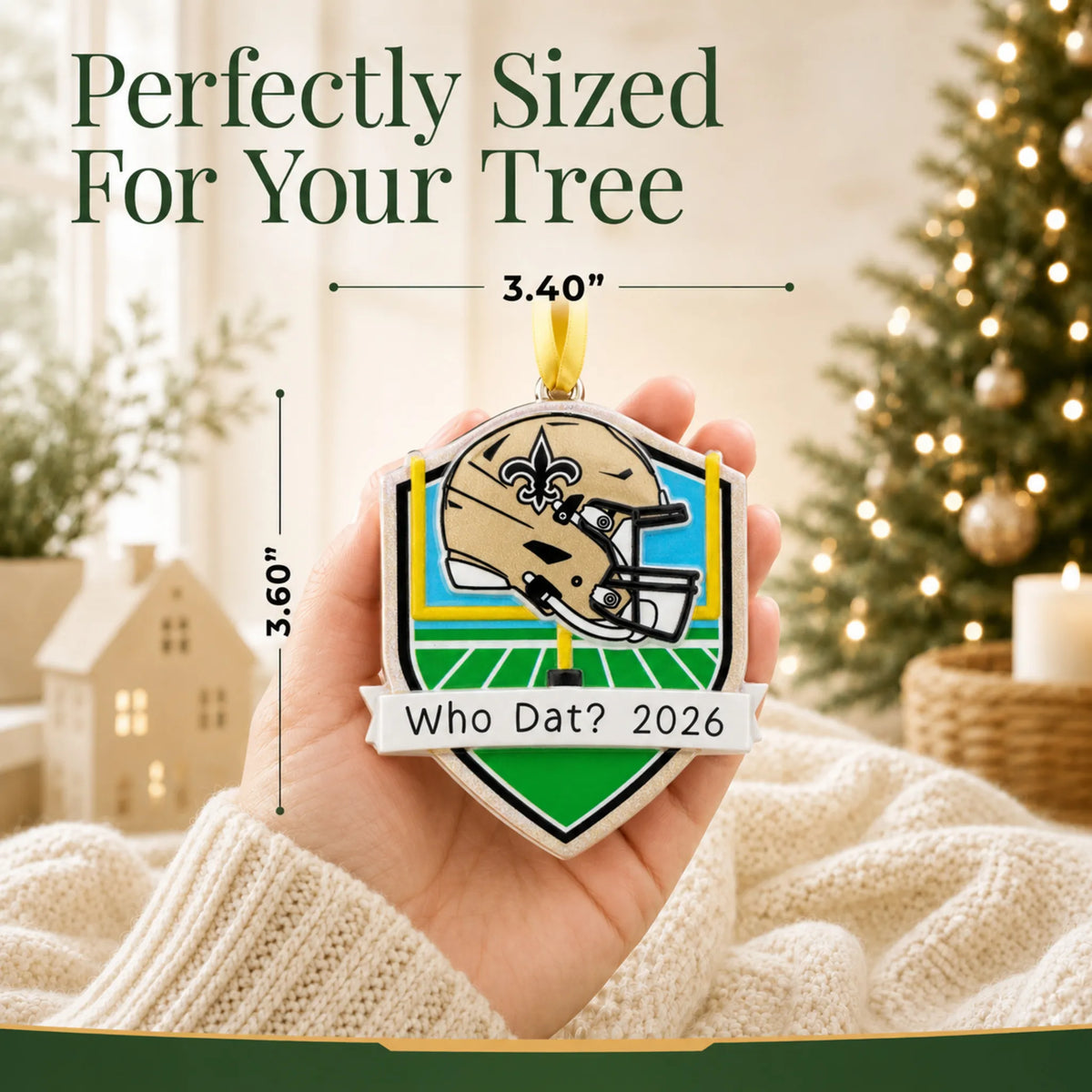 Size guide: the personalized New Orleans Saints NFL christmas ornament is 3.40 in wide by 3.60 in tall, shown in hand