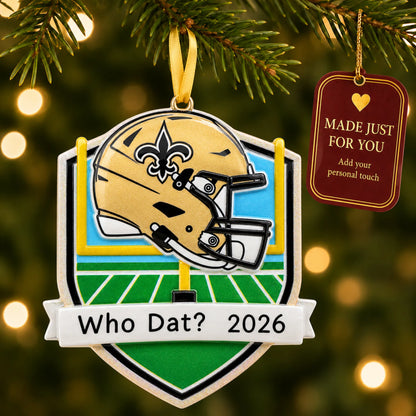 New Orleans Saints NFL christmas ornament hanging on a lit Christmas tree with a Made Just For You gift tag