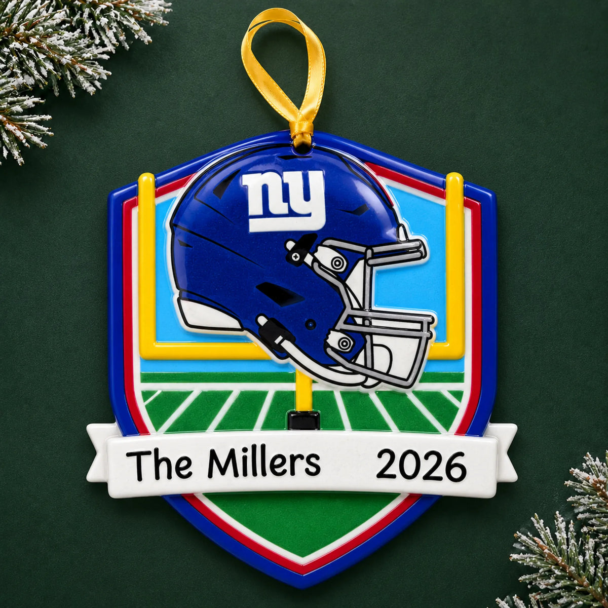 Personalized New York Giants NFL christmas ornament on a dark green pine background