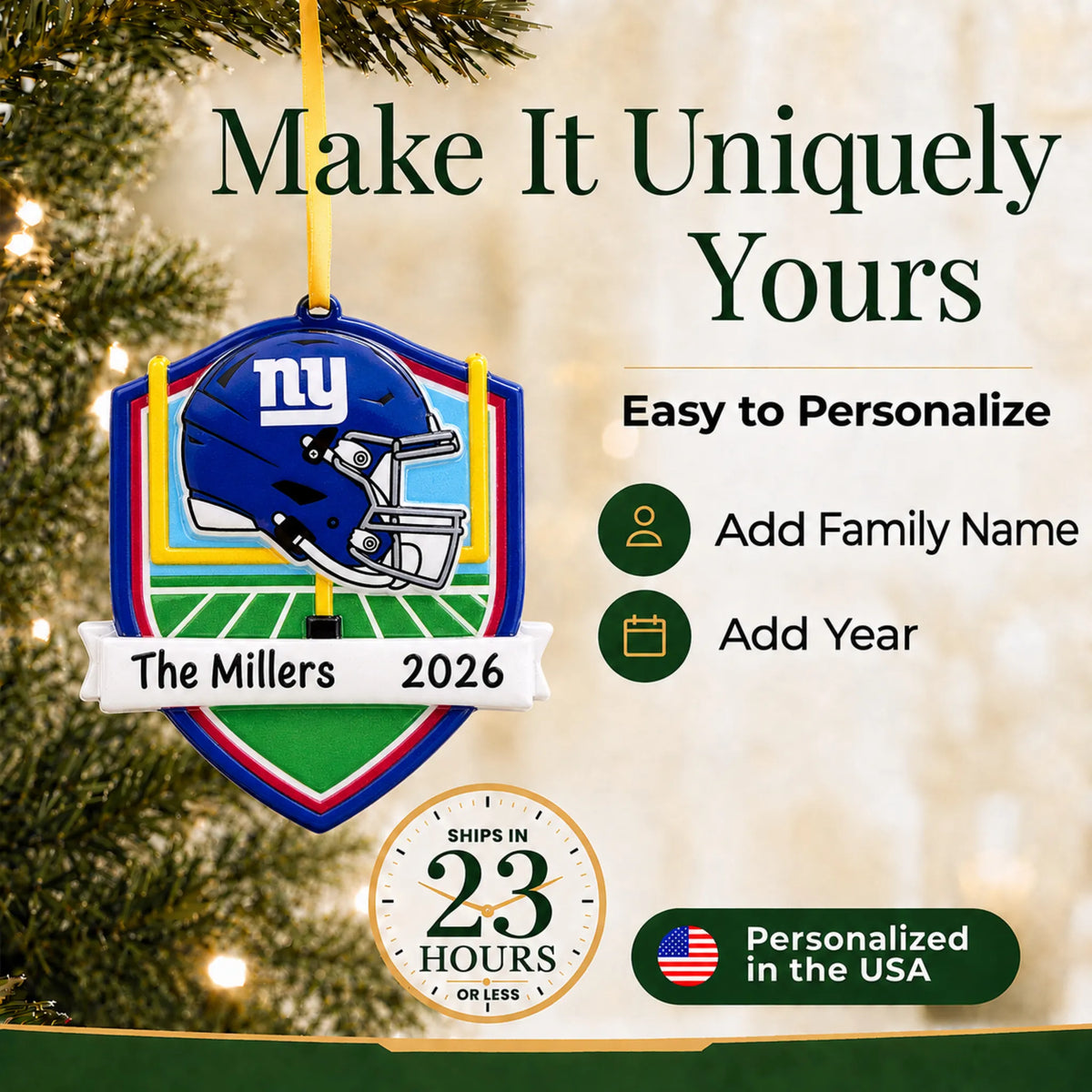 Make it yours: add name and year to the personalized New York Giants NFL christmas ornament
