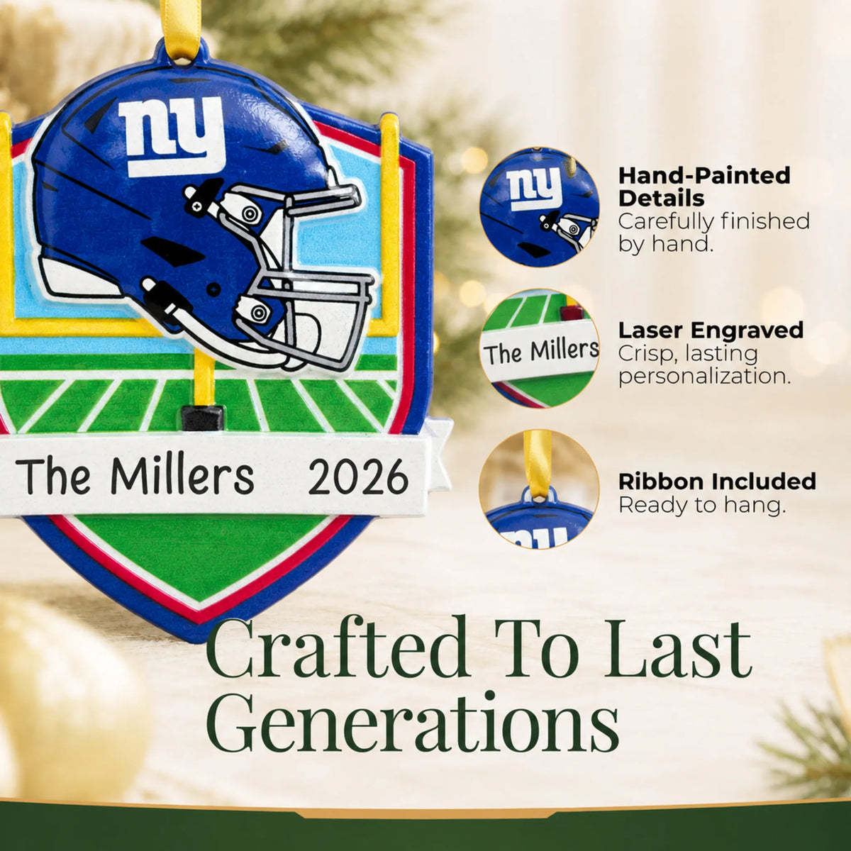 Hand-painted details and laser engraved personalization on the New York Giants NFL christmas ornament, ribbon included