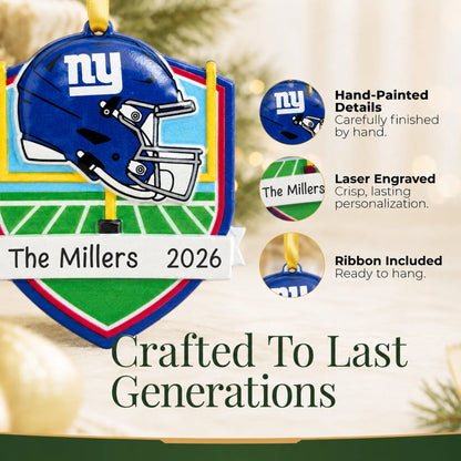 Hand-painted details and laser engraved personalization on the New York Giants NFL christmas ornament, ribbon included