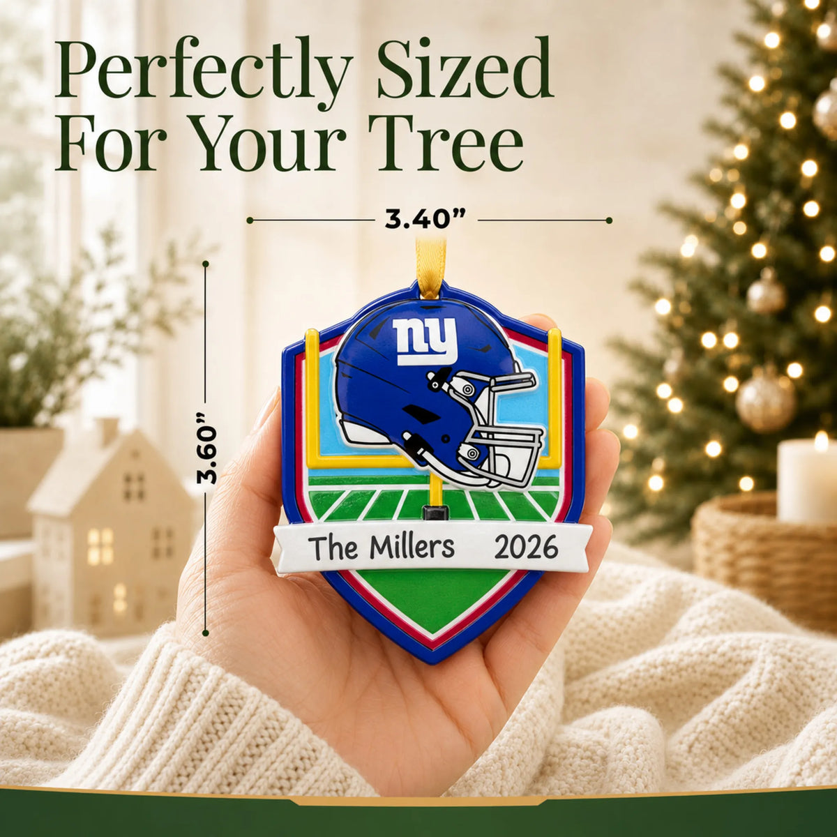 Size guide: the personalized New York Giants NFL christmas ornament is 3.40 in wide by 3.60 in tall, shown in hand