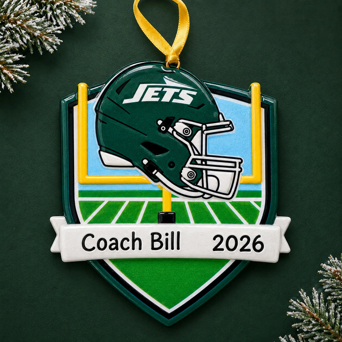 Personalized New York Jets NFL christmas ornament on a dark green pine background