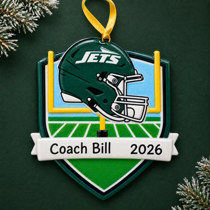 Personalized New York Jets NFL christmas ornament on a dark green pine background