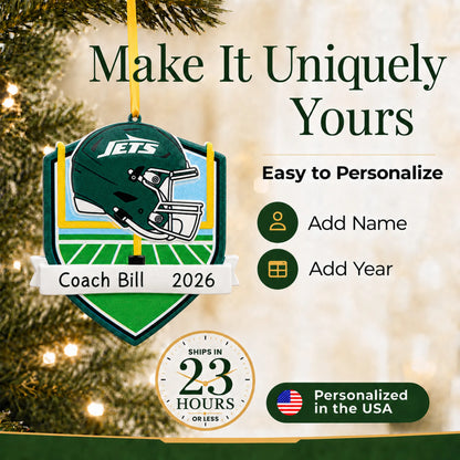 Make it yours: add name and year to the personalized New York Jets NFL christmas ornament