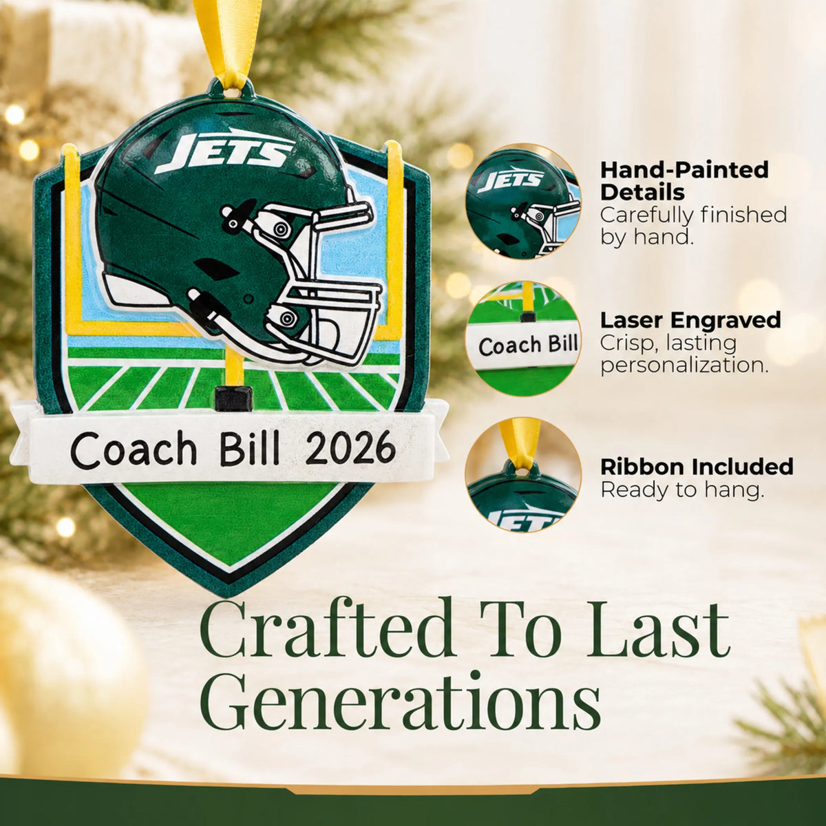 Hand-painted details and laser engraved personalization on the New York Jets NFL christmas ornament, ribbon included