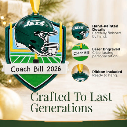 Hand-painted details and laser engraved personalization on the New York Jets NFL christmas ornament, ribbon included