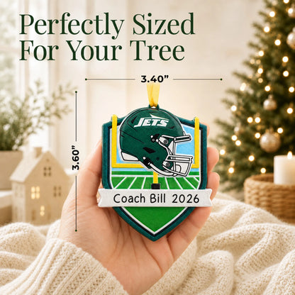 Size guide: the personalized New York Jets NFL christmas ornament is 3.40 in wide by 3.60 in tall, shown in hand