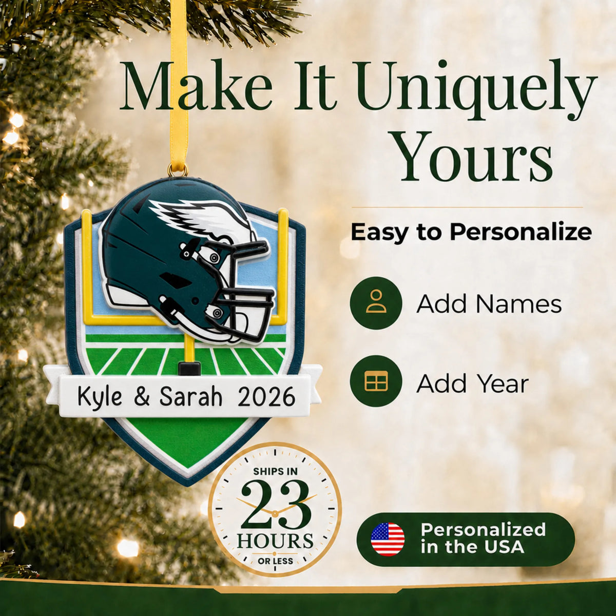 Make it yours: add names and year to the personalized Philadelphia Eagles NFL christmas ornament