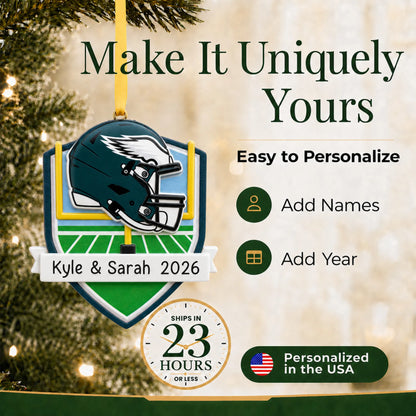 Make it yours: add names and year to the personalized Philadelphia Eagles NFL christmas ornament