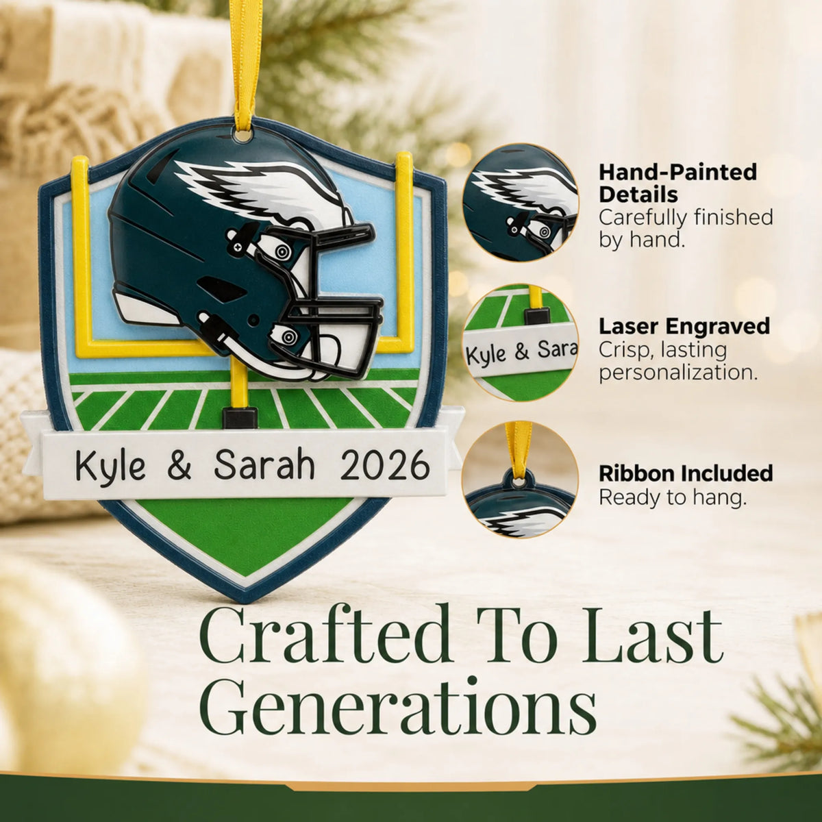 Hand-painted details and laser engraved personalization on the Philadelphia Eagles NFL christmas ornament, ribbon included
