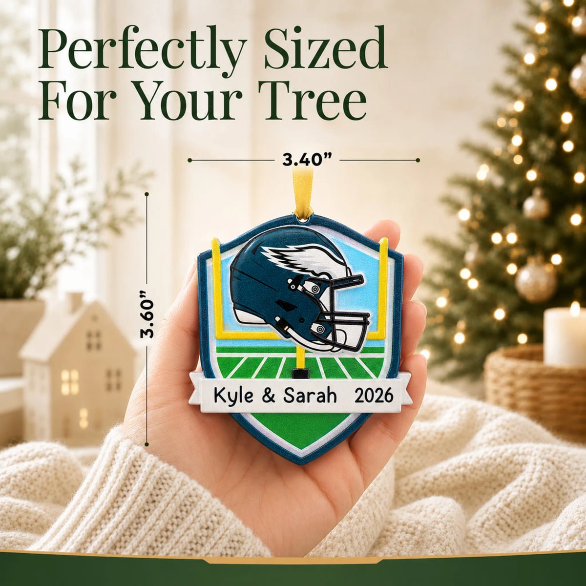 Size guide: the personalized Philadelphia Eagles NFL christmas ornament is 3.40 in wide by 3.60 in tall, shown in hand