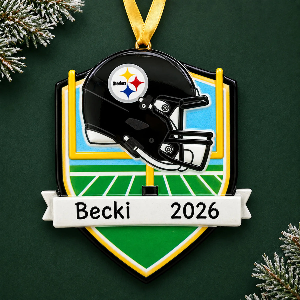 Personalized Pittsburgh Steelers NFL christmas ornament on a dark green pine background